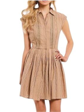 Embroidered Eyelet Front Button Mini Dress in Khaki